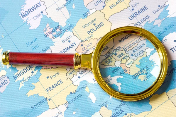 Greece Bulgaria Map Europe Defocused Magnifying Glass Theme Travel Trips — Stock Photo, Image