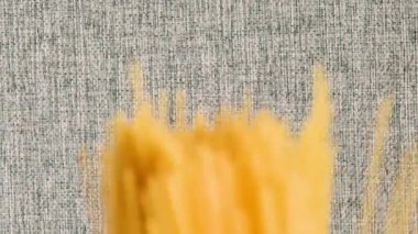 Spagetti gri arkaplana düştü ve parçalanıyor. Ağır çekim, Üst Görünüm