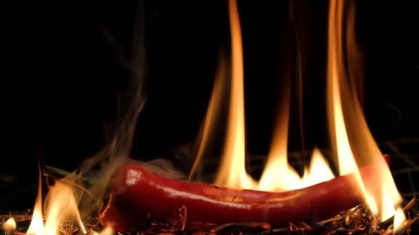 火の炎の中で唐辛子の赤 スローモーション — ストック動画