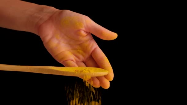 Temperos Para Cozinhar Bate Contra Mão Cozinheiro Derrama Uma Colher — Vídeo de Stock