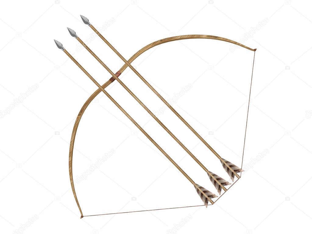 Longbow with three arrows and stretched string 3d rendering
