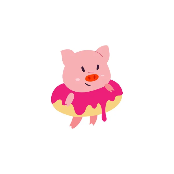 Cute karakter babi kecil dengan cincin donat - Stok Vektor