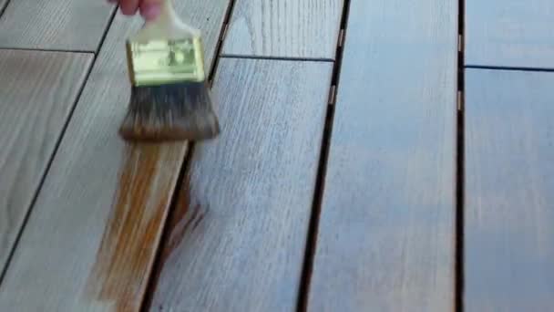A man's hand painting the wood of a terrace — Stock Footage Man Hand Painting Wood Terrace Stock Footage