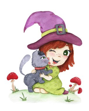 Bir cadı kara kediyi kucaklıyor.