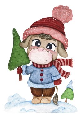 Kırmızı şapkalı ve eşarplı Noel ağacı olan bir boğa.