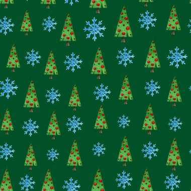 Yeşil zemin üzerinde Noel ağaçlarının ve kar tanelerinin deseni