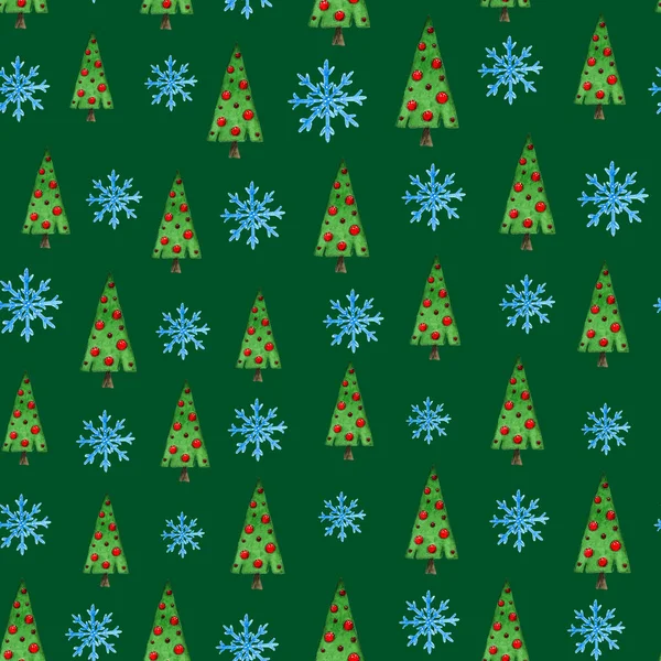 Pattern Christmas Trees Snowflakes Green Background — Stock Photo, Image