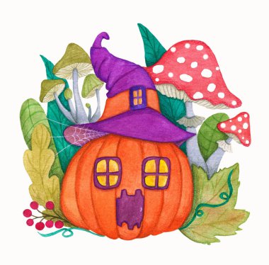 Cadılar Bayramı, balkabağı evi yapraklar ve mantarlar arasında şapkayla