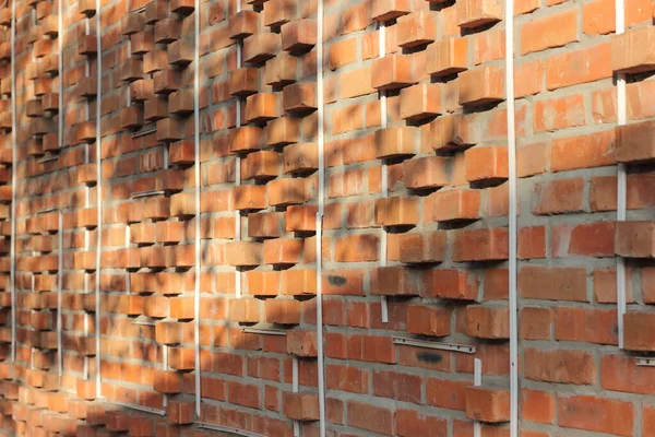 Struktura Ściany Czerwonej Cegły Miękkie Skupienie Widok Boku Cienie Światło — Zdjęcie stockowe