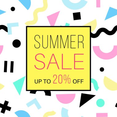 Online alışveriş indirim teklif, vektör, illüstrasyon için retro memphis tasarımı ile satışı büyük başlığı 