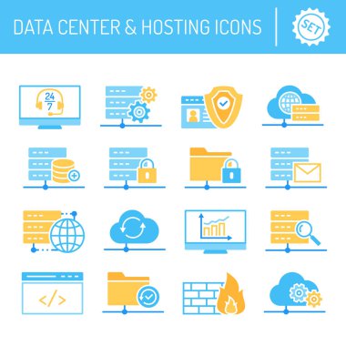 Veri merkezi ve bulut barındırma hizmetleri simgeler kümesi vektör çizimler