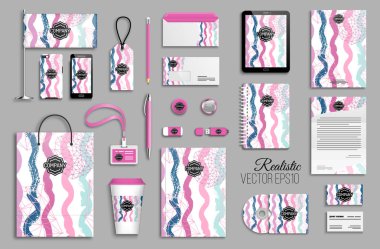 Kurumsal kimlik şablon kümesi. İş Kırtasiye mock-up logolu. Marka tasarım. Elle çizilmiş fırça darbeleri ve karalamalar ile renkli funky arka plan