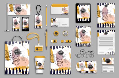 Kurumsal kimlik şablon kümesi. Marka tasarım. İş Kırtasiye mock-up logolu. Geometrik şekiller, elle çizilmiş fırça darbeleri ve karalamalar ve leke renkli arka plan