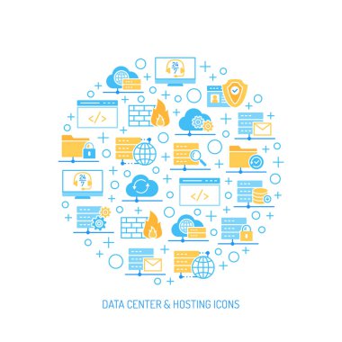 Veri Merkezi, barındırma ve bulut kümesi simgeler hizmetleri. Vektör çizimler topluluğu.