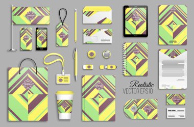 Kurumsal kimlik şablon kümesi. İş kırtasiye mock-up logolu. Marka tasarım. Renkli geometrik arka plan