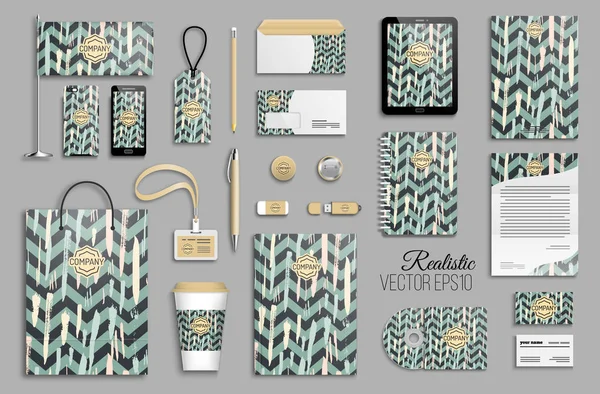 Kurumsal kimlik şablon kümesi. İş kırtasiye mock-up logolu. Marka tasarım. Renkli geometrik arka plan