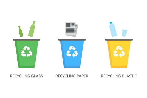 Recyclebakken Voor Plastic Papier Glas Vector Iconen Platte Stijl Geïsoleerd — Stockvector