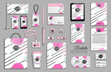 Logolu iş kırtasiye maket. Kurumsal kimlik şablonu kümesi. Marka tasarımı. Daireler, vuruşlar, elle çizilmiş kavisli çizgiler ve karalamalar ile renkli funky arka plan