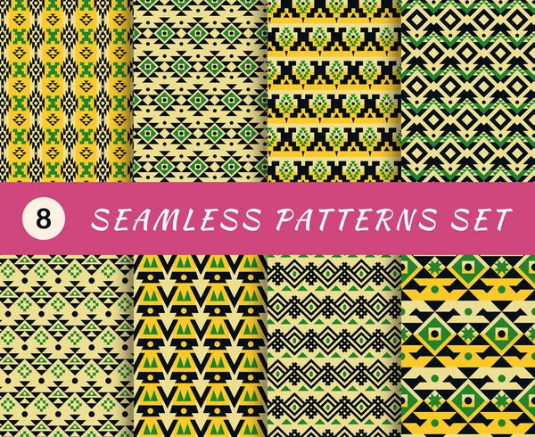 Seamless Patterns Set Endless Mexican Aztec Tribal Geometric Textures Abstract — Stock Vector