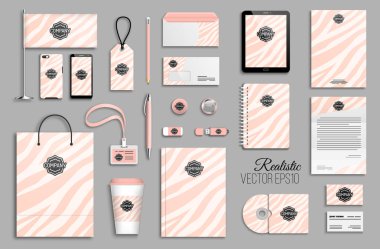 Pembe zebra çizgili soyut arka plan ile ayarlanmış kurumsal kimlik şablonu