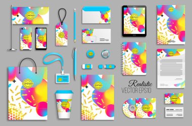 Soyut neon degradeler, noktalı ve altın doku arka plan ile ayarlanmış kurumsal kimlik şablonu