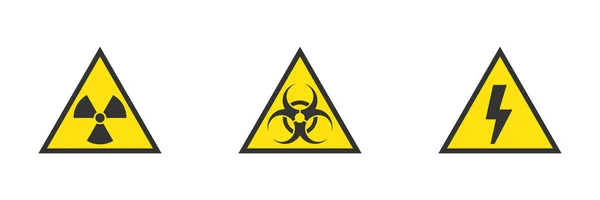 Nebezpečí, nebezpečí, varování žlutá vektorová znamení s vysokým napětím, biologické nebezpečí, záření — Stockový vektor