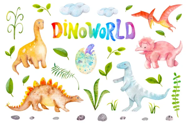 stock image Dinoworld watercolor set isolated on white background. Dinosaurus, rocks, plants. Hand drawn illustration for nursery wallpaper, stickers, baby clothes, kids fabric, books