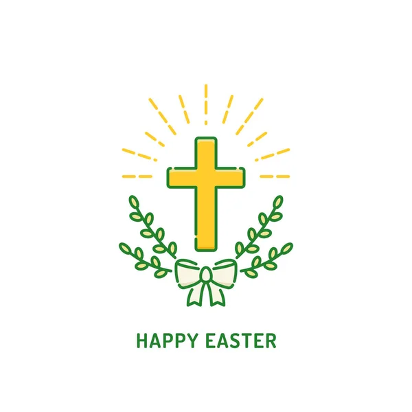 행복한 부활절 인사말 카드입니다. 버드 나무와 기독교 십자가. 종교 휴일 로고 — 스톡 사진