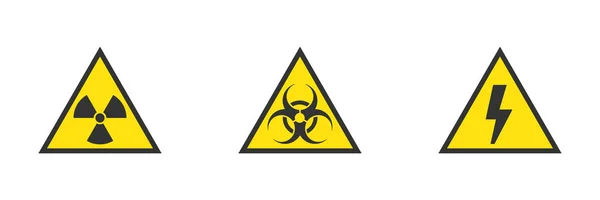 Danger, hazard, warning yellow signs of high voltage, biohazard, radiation — Stock Photo, Image