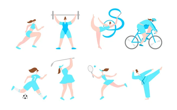 Women Professional Sport Cartoon Characters. Healthy Fitness Lifestyle. Girl Female Activities. Flat Illustration — Stock Photo, Image