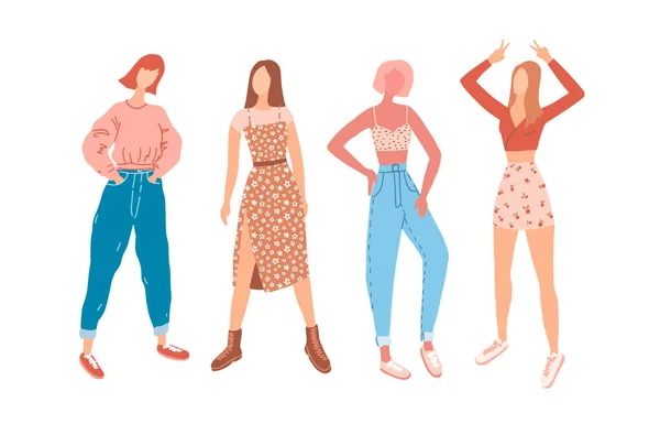 Chicas estudiantes en trajes cotidianos, conjunto de chicas de moda — Vector de stock