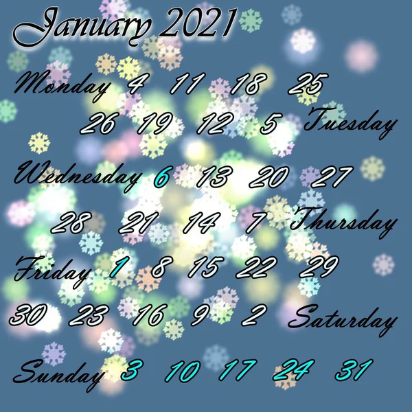 Giorni Calendario Gennaio 2021 — Foto Stock