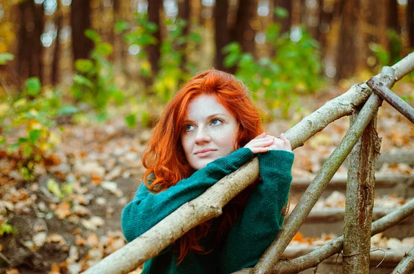 Groot Portret Van Jonge Roodharige Vrouw Herfstpark — Stockfoto