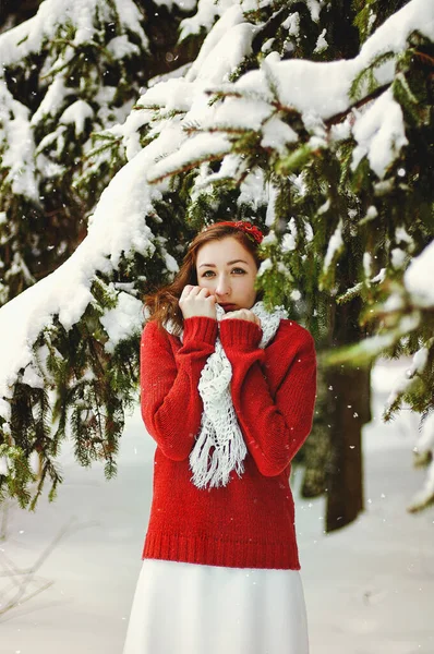 Beautiful Young Woman Portrait Long White Dress Frosty Winter Park — Stock Photo, Image