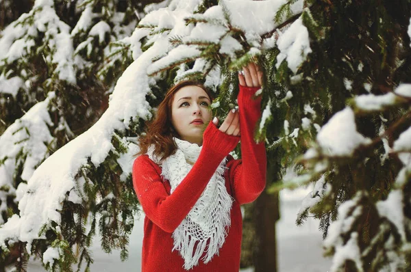Beautiful Young Woman Portrait Long White Dress Frosty Winter Park — Stock Photo, Image