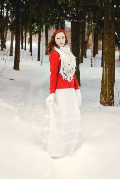 Retrato Mulher Jovem Bonita Vestido Branco Longo Parque Inverno Gelado — Fotografia de Stock