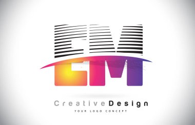 Em E M harfi Logo tasarımı yaratıcı çizgili ve mor fırça renk vektör çizim Swosh.