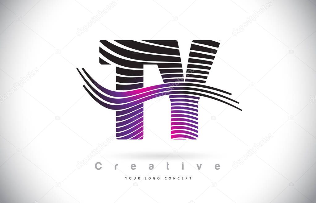 TY T Y Zebra Texture Letter Logo Design With Creative Lines and Swosh in Purple Magenta Color Vector.