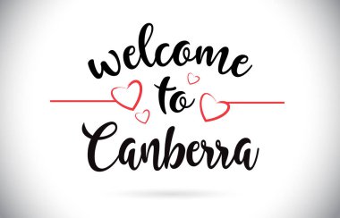 Canberra hoş geldiniz iletisi vektör Caligraphic metin kırmızı sevgi kalpleri çizim ile.