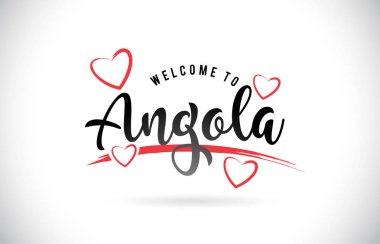 Word metni el yazısı yazı tipi ve kırmızı sevgi kalpleri vektör görüntü illüstrasyon Eps Angola hoşgeldiniz.