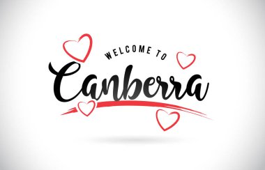 Word metni el yazısı yazı tipi ve kırmızı sevgi kalpleri vektör görüntü illüstrasyon Eps Canberra hoşgeldiniz.