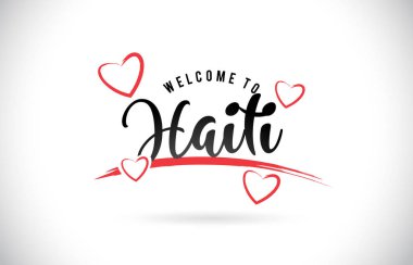 Word metni el yazısı yazı tipi ve kırmızı sevgi kalpleri vektör görüntü illüstrasyon Eps Haiti hoşgeldiniz.