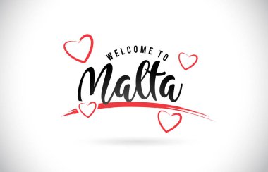 Word metni el yazısı yazı tipi ve kırmızı sevgi kalpleri vektör görüntü illüstrasyon Eps Malta hoşgeldiniz.