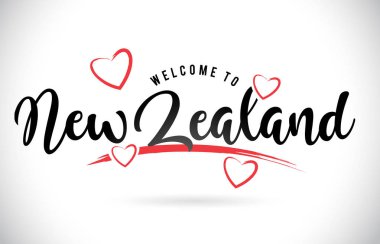 Word metni el yazısı yazı tipi ve kırmızı sevgi kalpleri vektör görüntü illüstrasyon Eps Hoşgeldiniz newzealand.