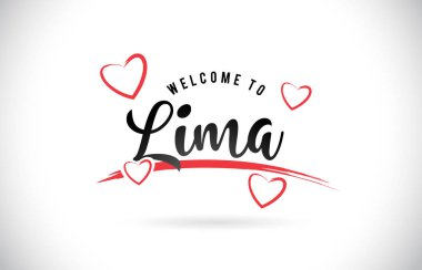 Word metni el yazısı yazı tipi ve kırmızı sevgi kalpleri vektör görüntü illüstrasyon Eps Lima hoşgeldiniz.