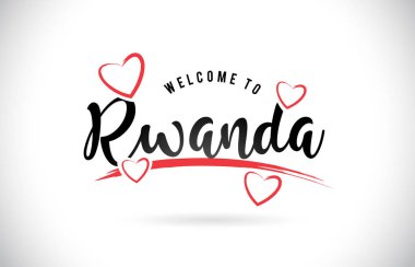 Word metni el yazısı yazı tipi ve kırmızı sevgi kalpleri vektör görüntü illüstrasyon Eps Ruanda hoşgeldiniz.