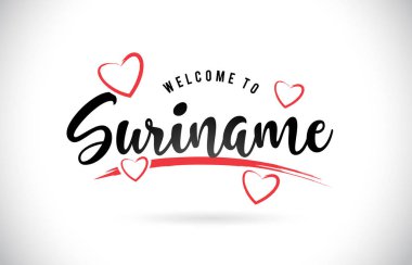 Word metni el yazısı yazı tipi ve kırmızı sevgi kalpleri vektör görüntü illüstrasyon Eps Surinam hoşgeldiniz.