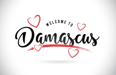 Word metni el yazısı yazı tipi ve kırmızı sevgi kalpleri vektör görüntü illüstrasyon Eps Damascus hoşgeldiniz.