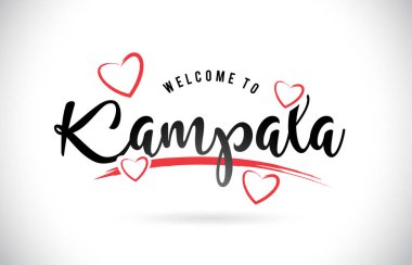 Word metni el yazısı yazı tipi ve kırmızı sevgi kalpleri vektör görüntü illüstrasyon Eps Kampala hoşgeldiniz.