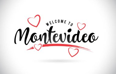Word metni el yazısı yazı tipi ve kırmızı sevgi kalpleri vektör görüntü illüstrasyon Eps Montevideo hoşgeldiniz.